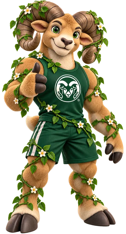CSU's ram mascot in a green tank top, wrapped in flowering vines, giving a thumbs up